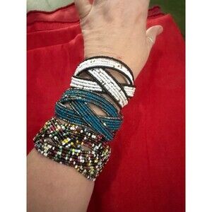 Set of 3 Seed Beaded Coil Wrap Bracelets: White, Teal, Multicolor Boho Gypsy